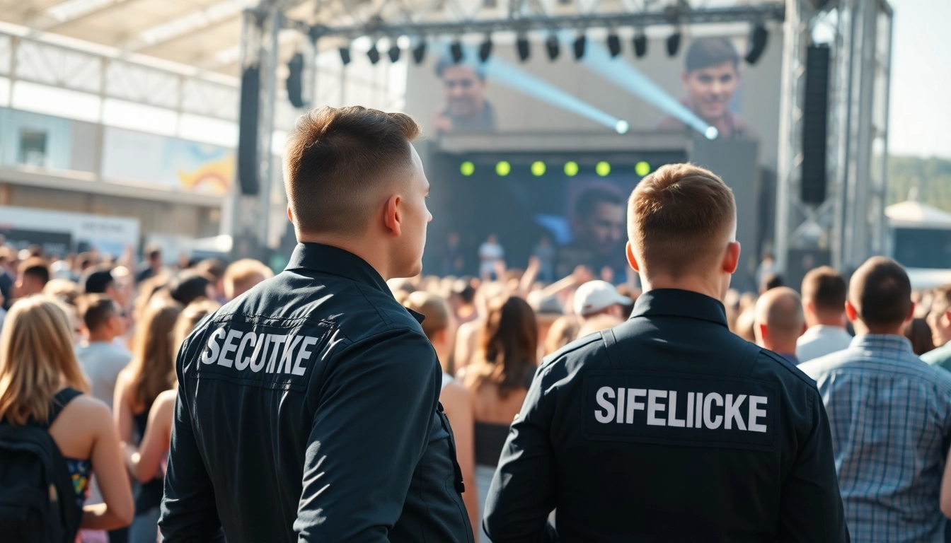 Event Security professionals monitoring a lively crowd at an outdoor event.