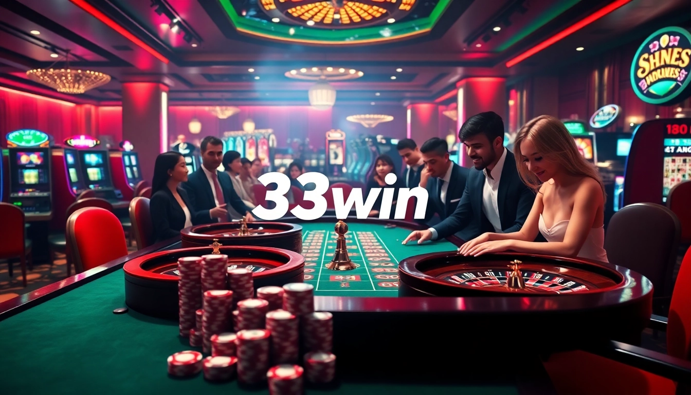 Experience the excitement of 33win with vibrant casino visuals showcasing poker chips and roulette wheels.