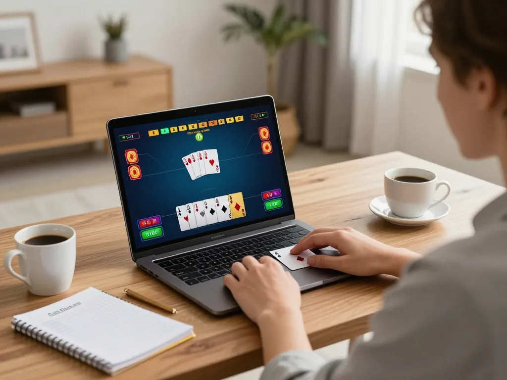 Player engaged in poker gameplay on a laptop, highlighting the thrill of rikvip online gaming.