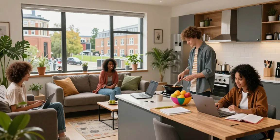 Modern student accommodation Northampton with diverse students in a cozy living space, fully furnished and vibrant.