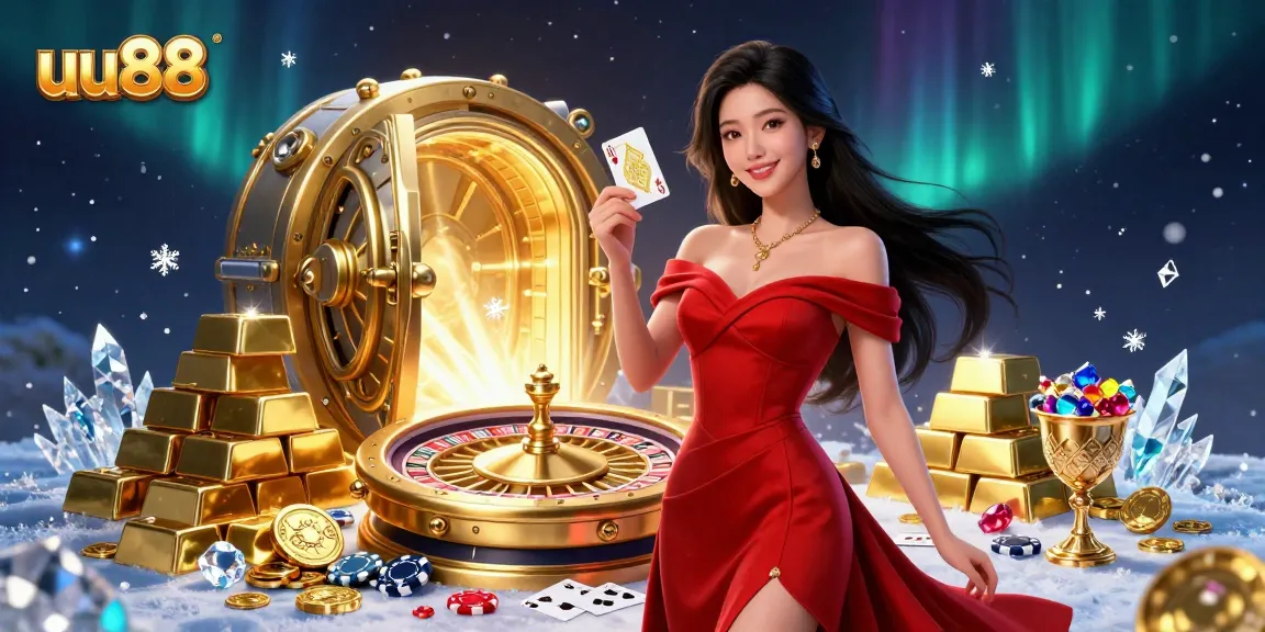 Play exciting roulette and poker games at uu88, featuring luxurious golden elements and a stunning dealer.