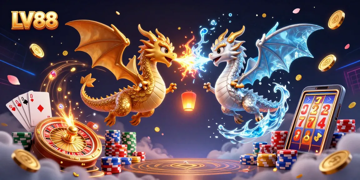Engage in thrilling gameplay with LV88's vibrant casino dragons amidst gold and poker chips.