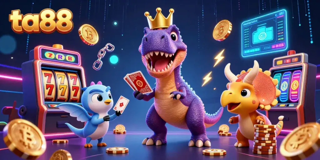 Engage with ta88's thrilling casino atmosphere featuring a playful T-Rex, pterodactyl, and triceratops.