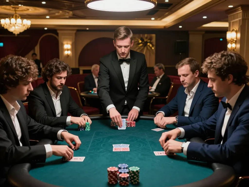 Players engage in a high-stakes poker game at an upscale casino table, showcasing 789win's exciting gambling experience.