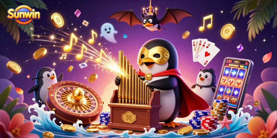 Playing games at Sunwin with a penguin organist showering golden coins and fun game elements.