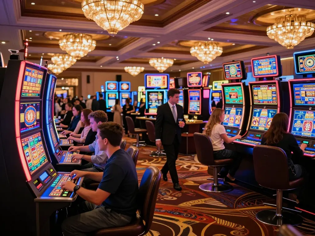 Players engaging with vibrant Da88 slot machines amidst a lively casino atmosphere.