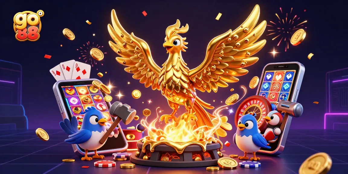 Experience the excitement of go 88 with a dynamic casino scene featuring golden phoenixes and vibrant game elements.