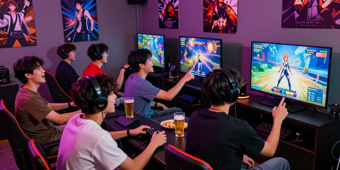 Exciting gaming lounge scene with friends playing a real hentai game amid snacks and laughter, showcasing modern gaming culture.