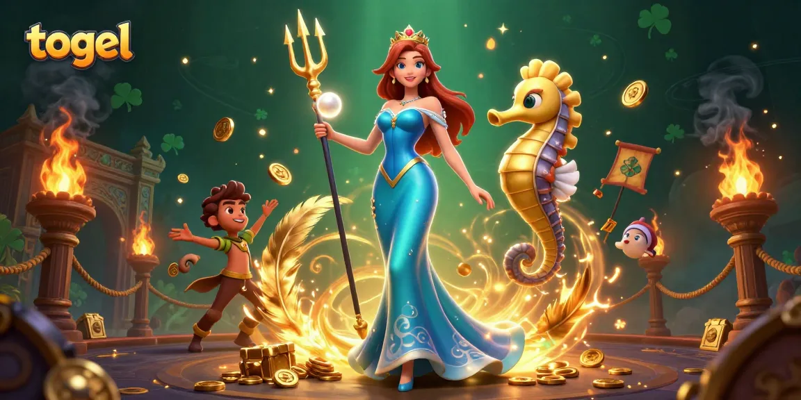 Togel-themed vibrant 3D illustration showcasing a woman in ocean-blue gown with pearl alongside a trident-wielding seahorse king.