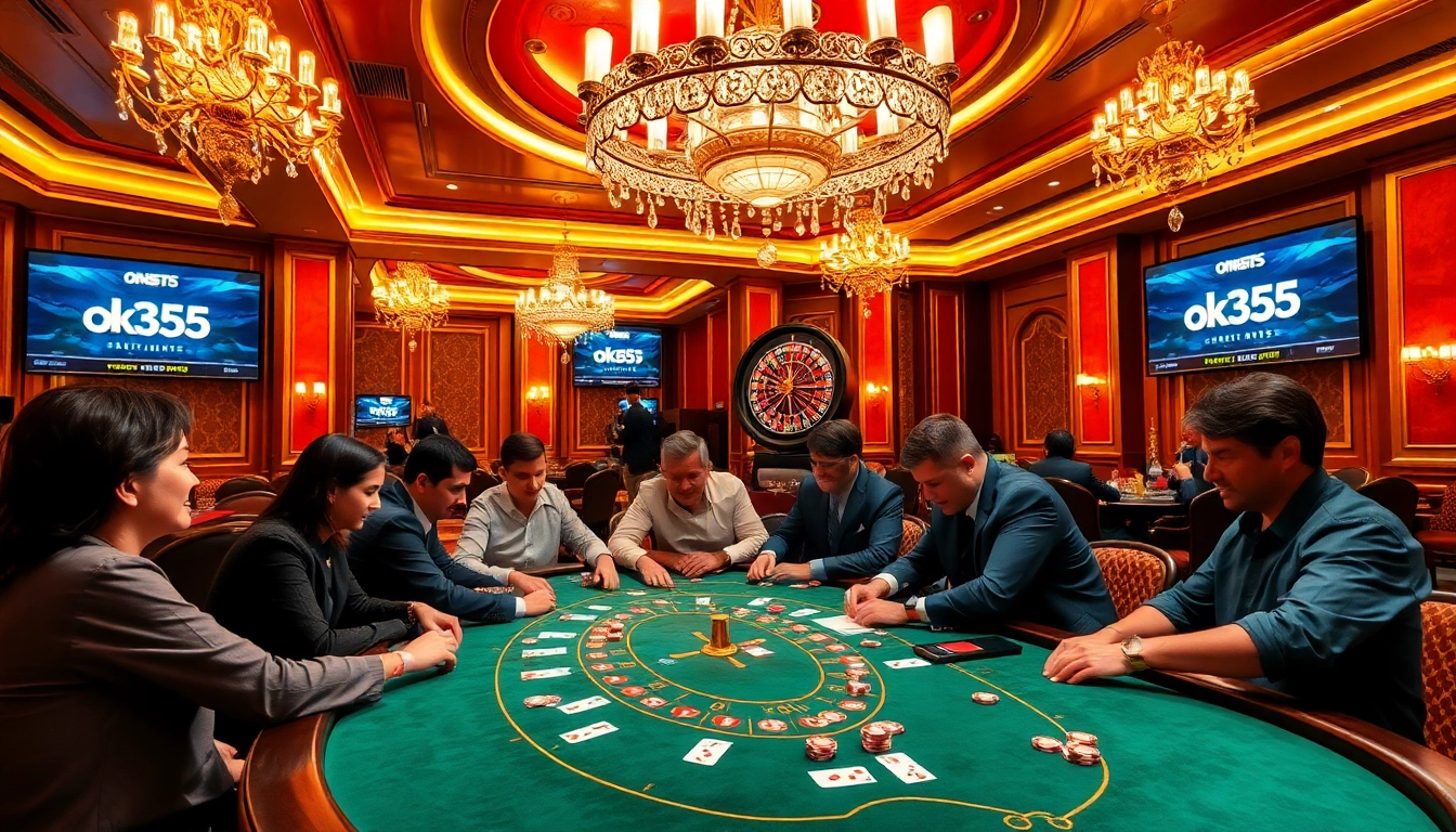 Players enjoying a poker game at a luxurious casino table with ok365 branding and vibrant atmosphere.