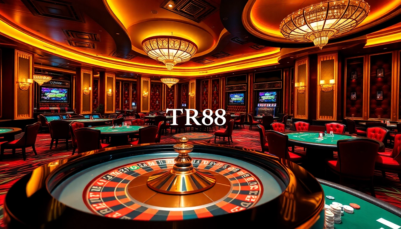 Players enjoying a thrilling moment at the TR88 casino roulette table, with vibrant chips and cards.