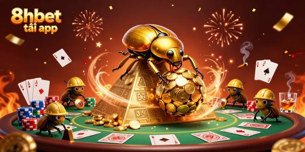 Experience the excitement of 8xbet tải app with a dynamic casino-themed 3D illustration.