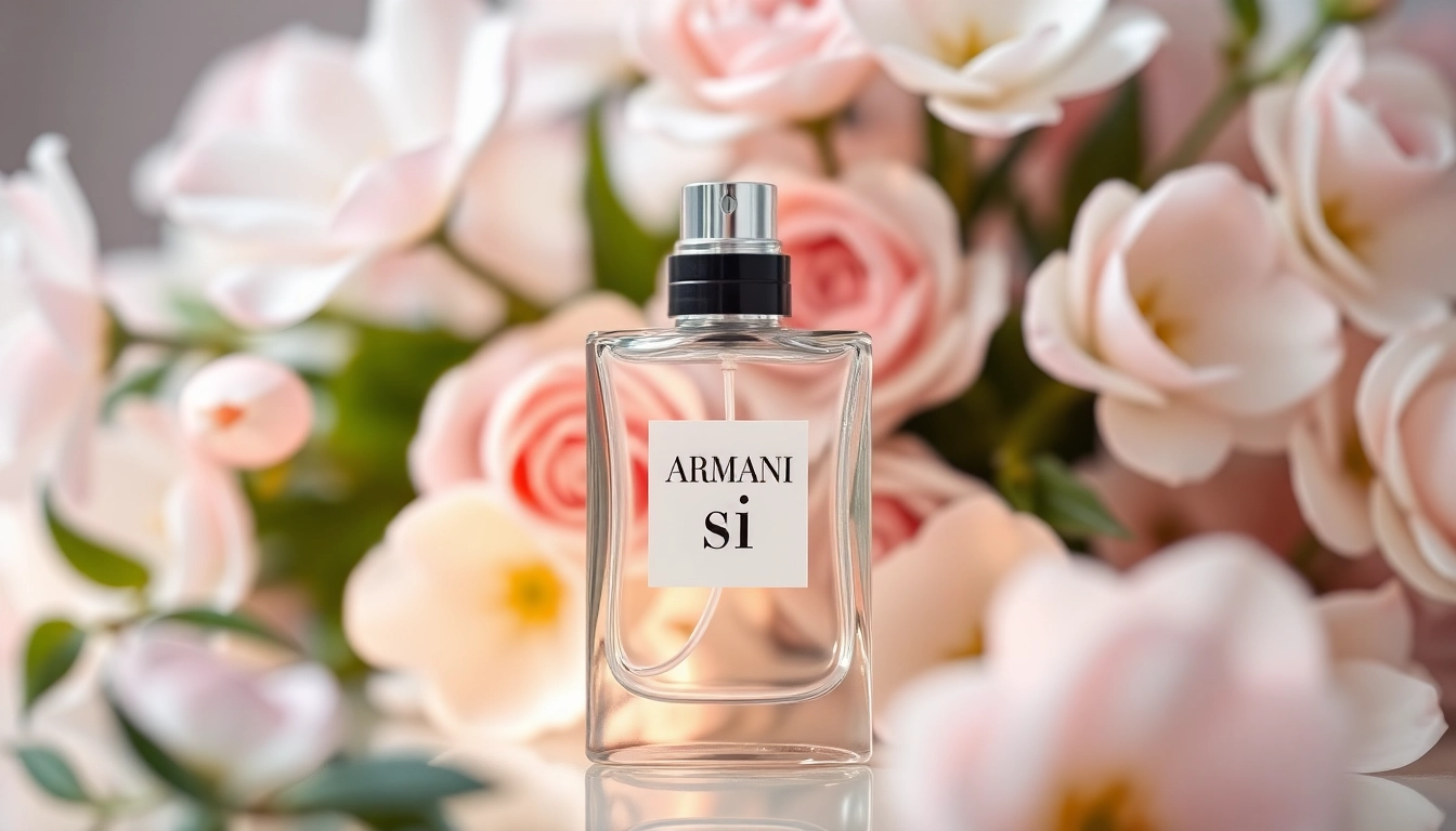 Discover the allure of Armani si perfume with an elegant display of its beautiful bottle and floral backdrop.