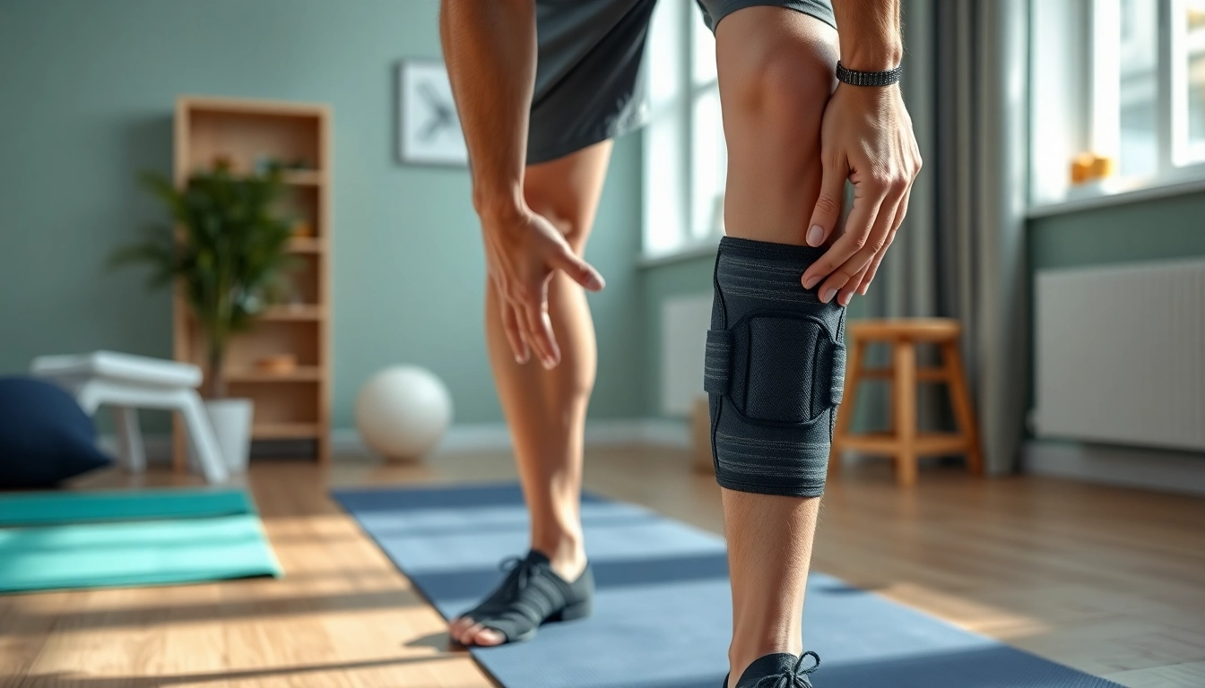 Will a knee brace help with sciatica pain? Person demonstrating proper usage of a knee brace in a therapy room.