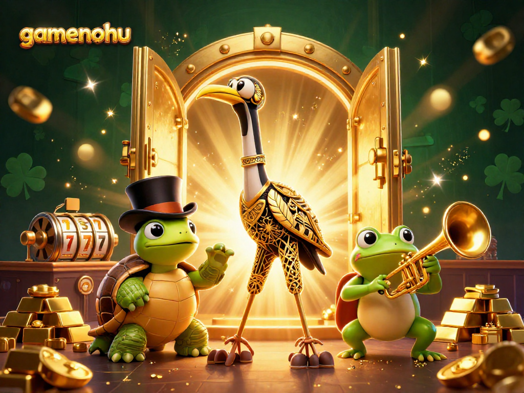Spin the reels of gamenohu with vibrant slot characters and treasures in a lively casino scene.