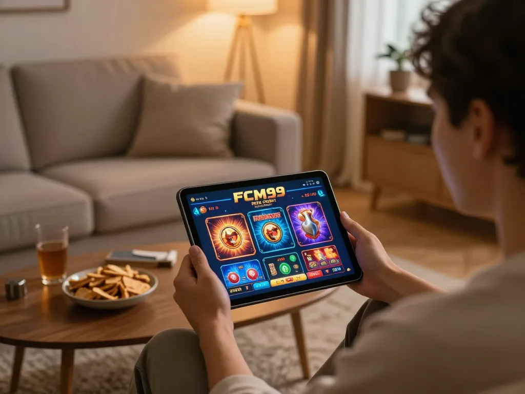 Player enjoying FCM99 free credit gaming experience on tablet in a cozy home setting