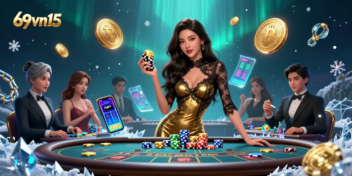 Engage with 69vn15 at an exclusive VIP baccarat table surrounded by vibrant crypto elements.