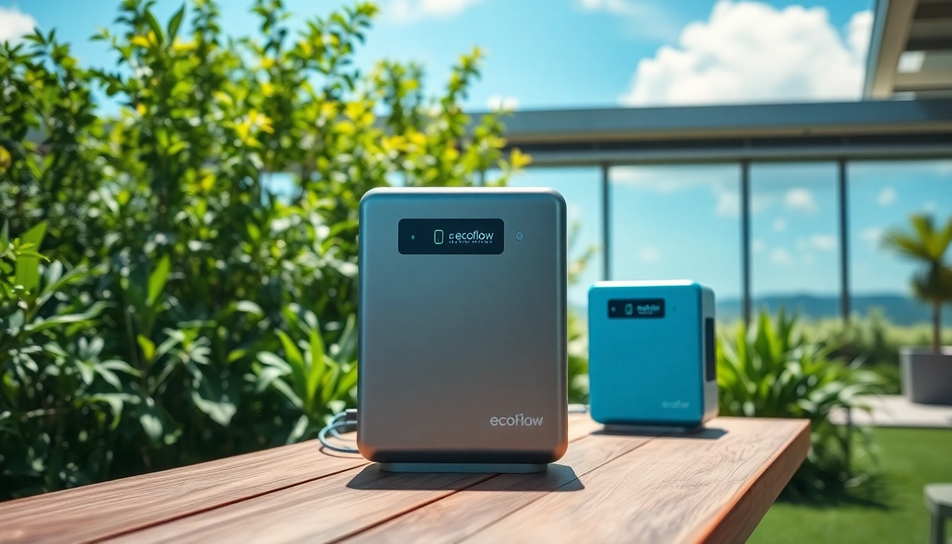 Showcasing EcoFlow power stations in a sustainable outdoor setting with greenery.