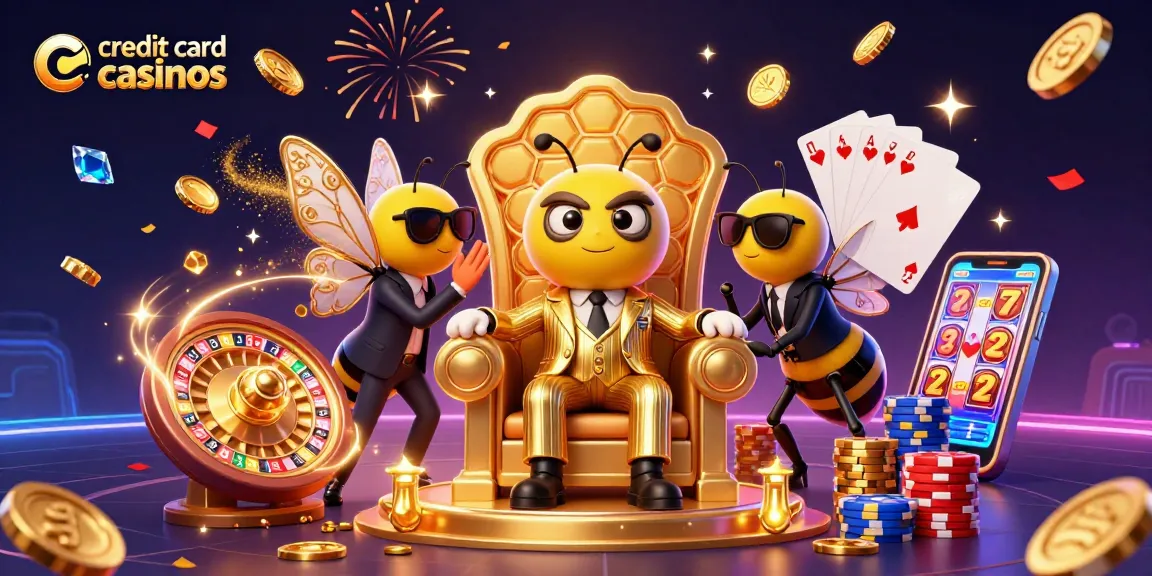 Engage with the vibrancy of credit card casinos featuring a bumblebee mob boss amid gold coins, cards, and festive elements.