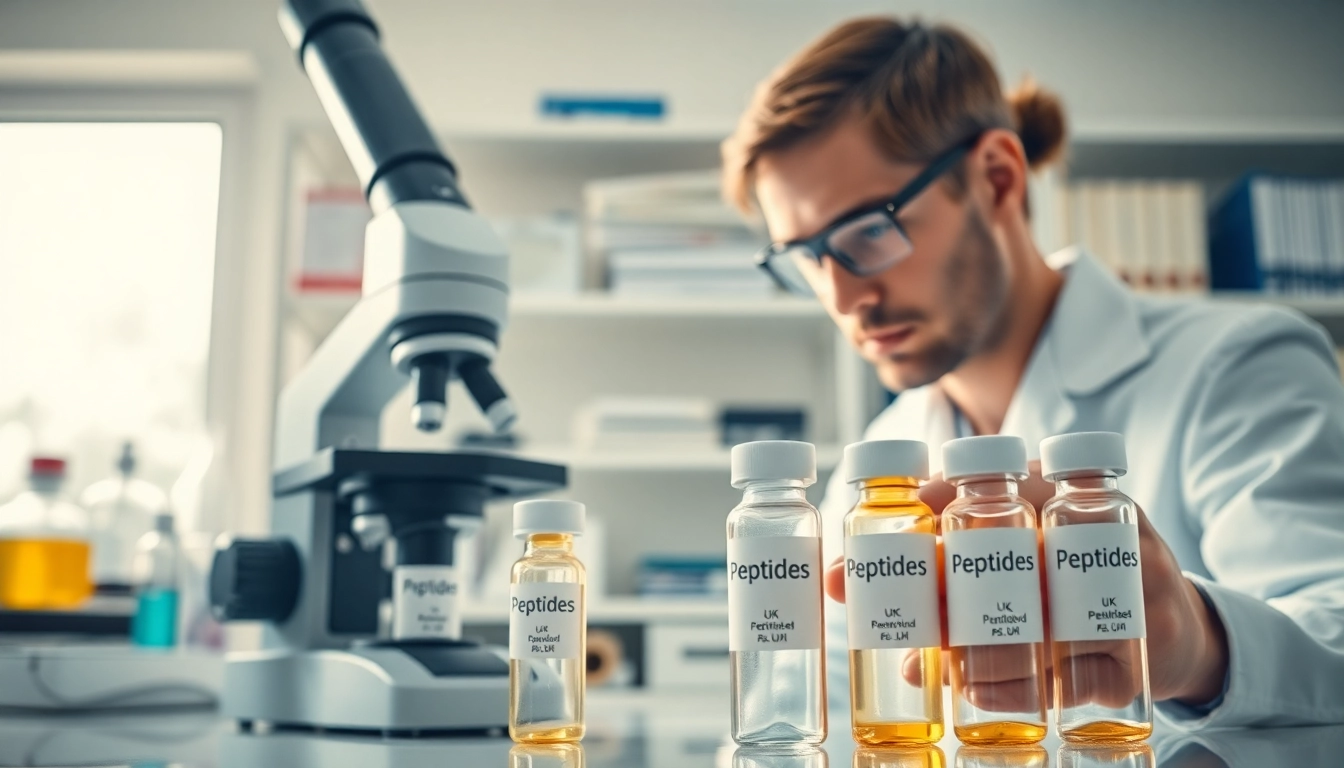 Explore Peptides UK in a scientific laboratory with a researcher and peptide samples.