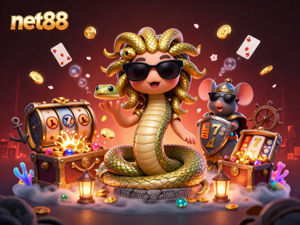 Experience net88's vibrant gaming scene with Medusa and a warrior mouse among rich casino elements.