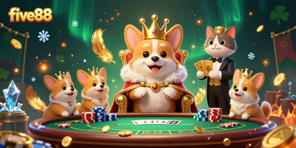 Engage in thrilling gameplay with five88 featuring a royal corgi at the poker table amid sparkling casino elements.
