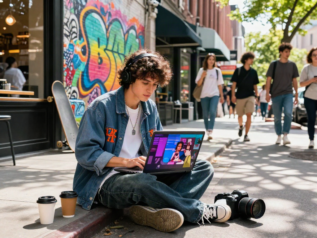 Young person discussing AI slut trends in fashion, sitting on urban sidewalk with laptop and skateboard.