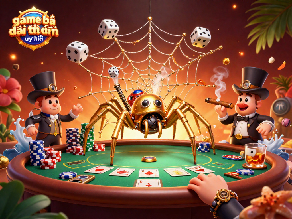 Engage with game bài đổi thưởng uy tín through a steampunk spider webbing poker chips and dice.