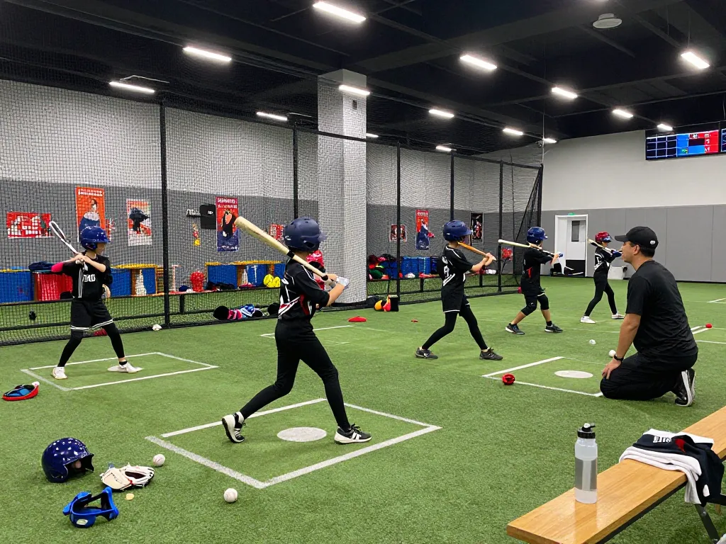 Young athletes practicing at the hit club baseball training facility with coaching guidance in a vibrant indoor environment.