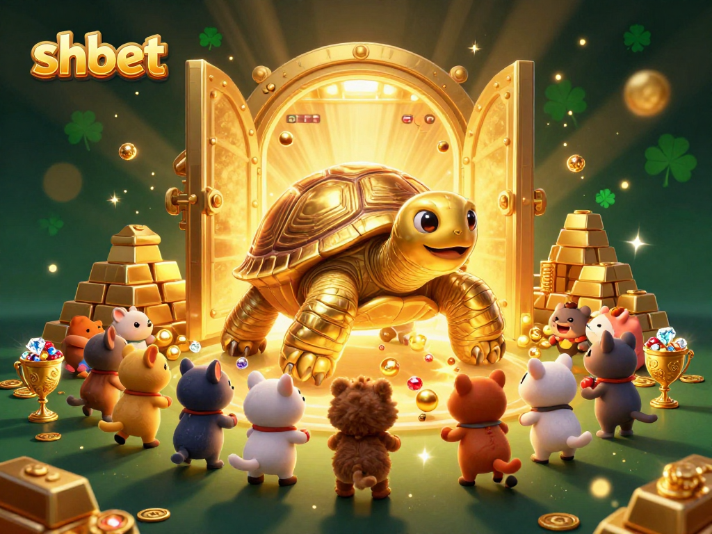 Win big at shbet with a fun casino scene featuring glowing fortunes and a playful tortoise.