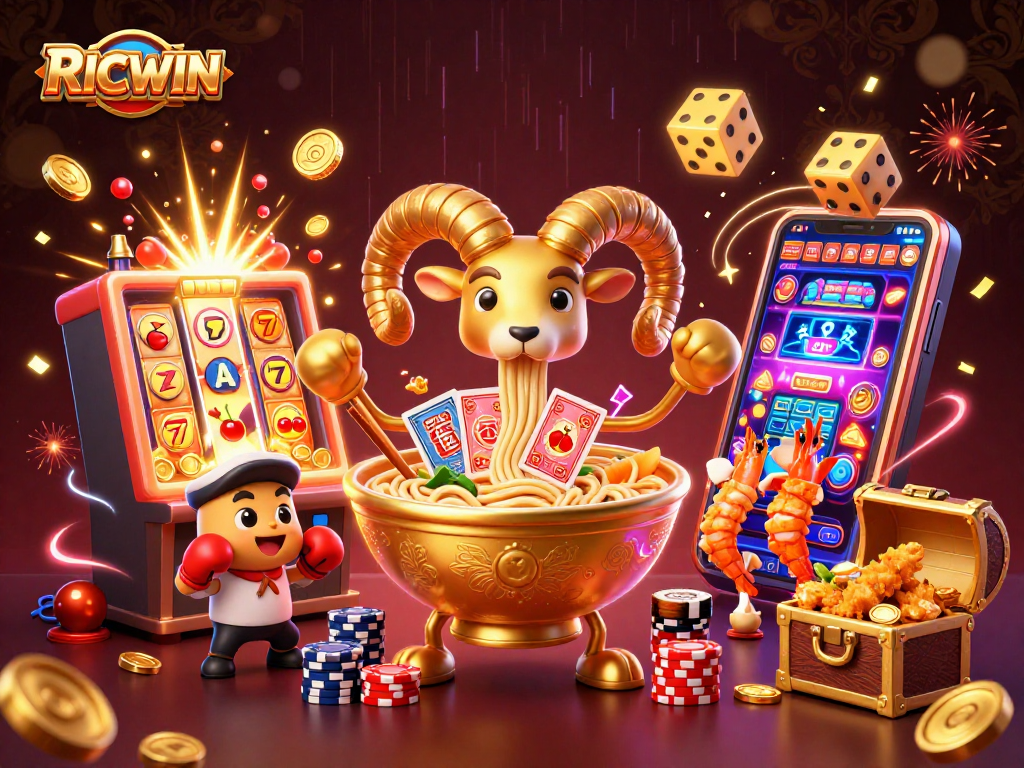 Engage with RICWIN's fun casino experience featuring vibrant 3D illustrations and exciting game elements.