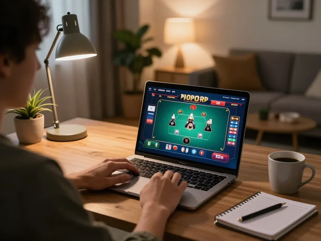 Engaging in online poker strategy at home with 057789 casino interface on screen.
