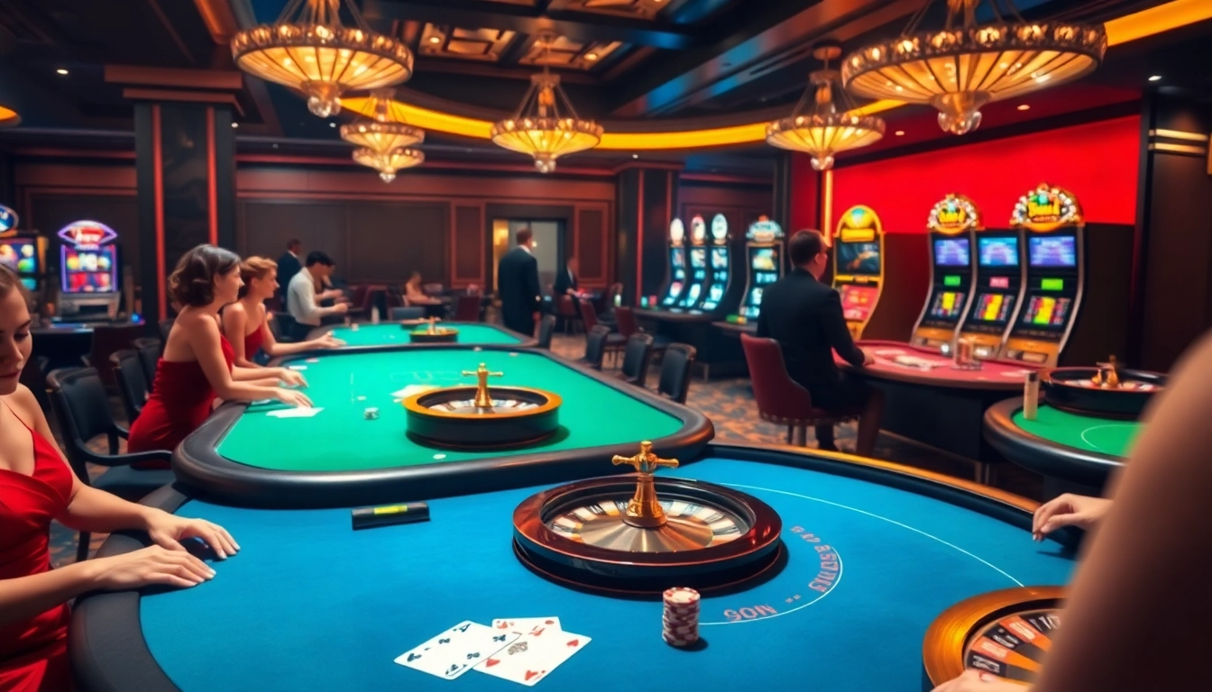 Exciting casino atmosphere showcasing gaming elements from 3win.com with poker tables and slot machines.