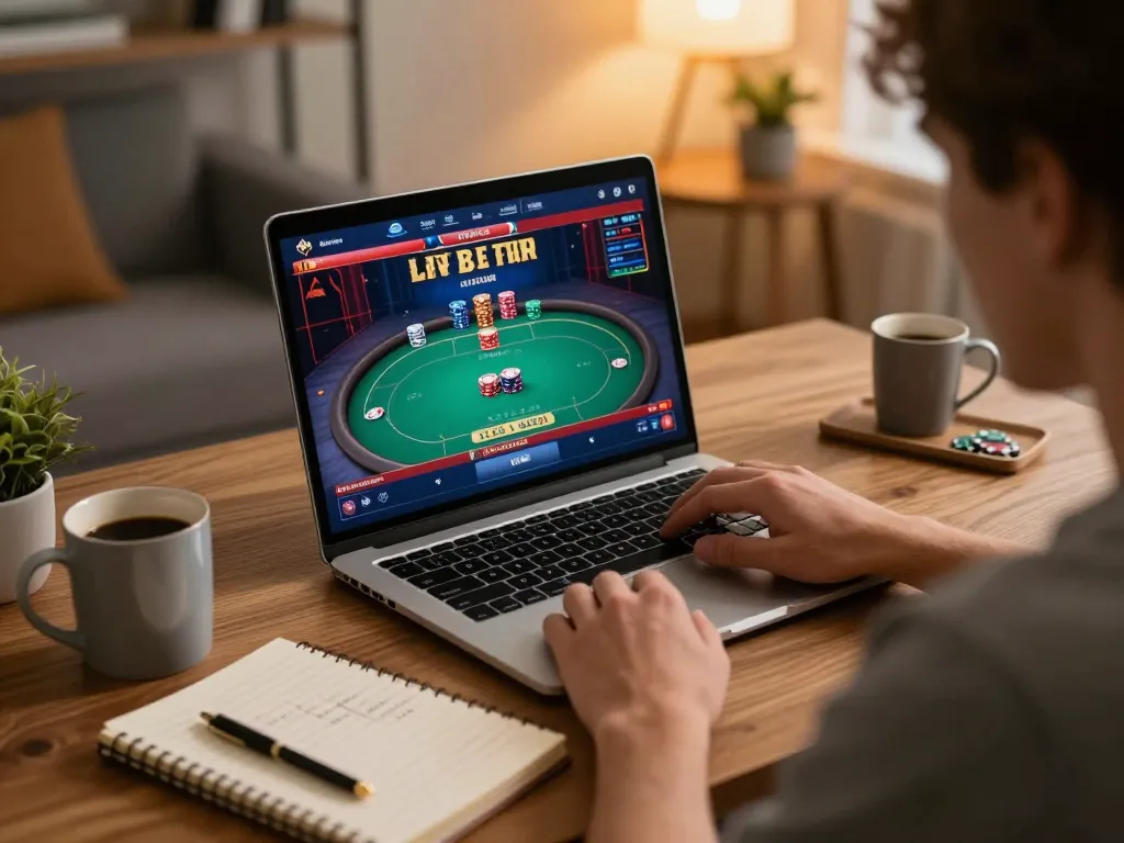 Player enjoys online poker at 789club, showcasing a strategic gaming session in a cozy home office.