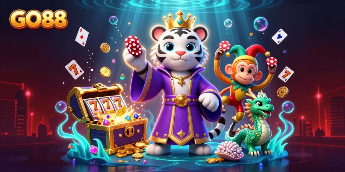 Experience the thrill of betting at GO88 with a colorful casino-themed illustration featuring exciting game elements.