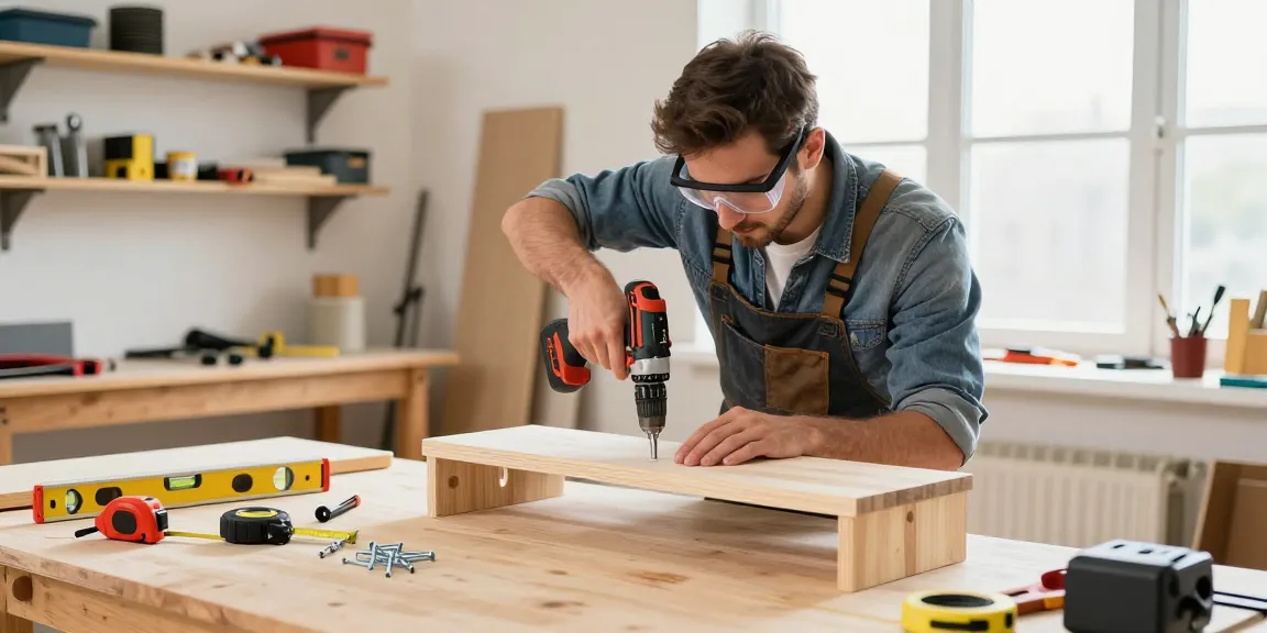 Person using a Stanley drill in a bright workshop for DIY woodworking.