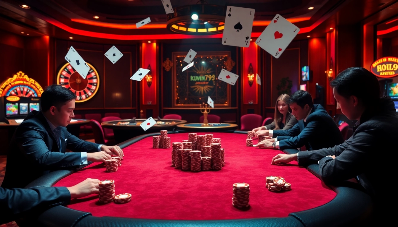 Kuwin789 poker players strategizing at a casino table with a roulette wheel in the background.