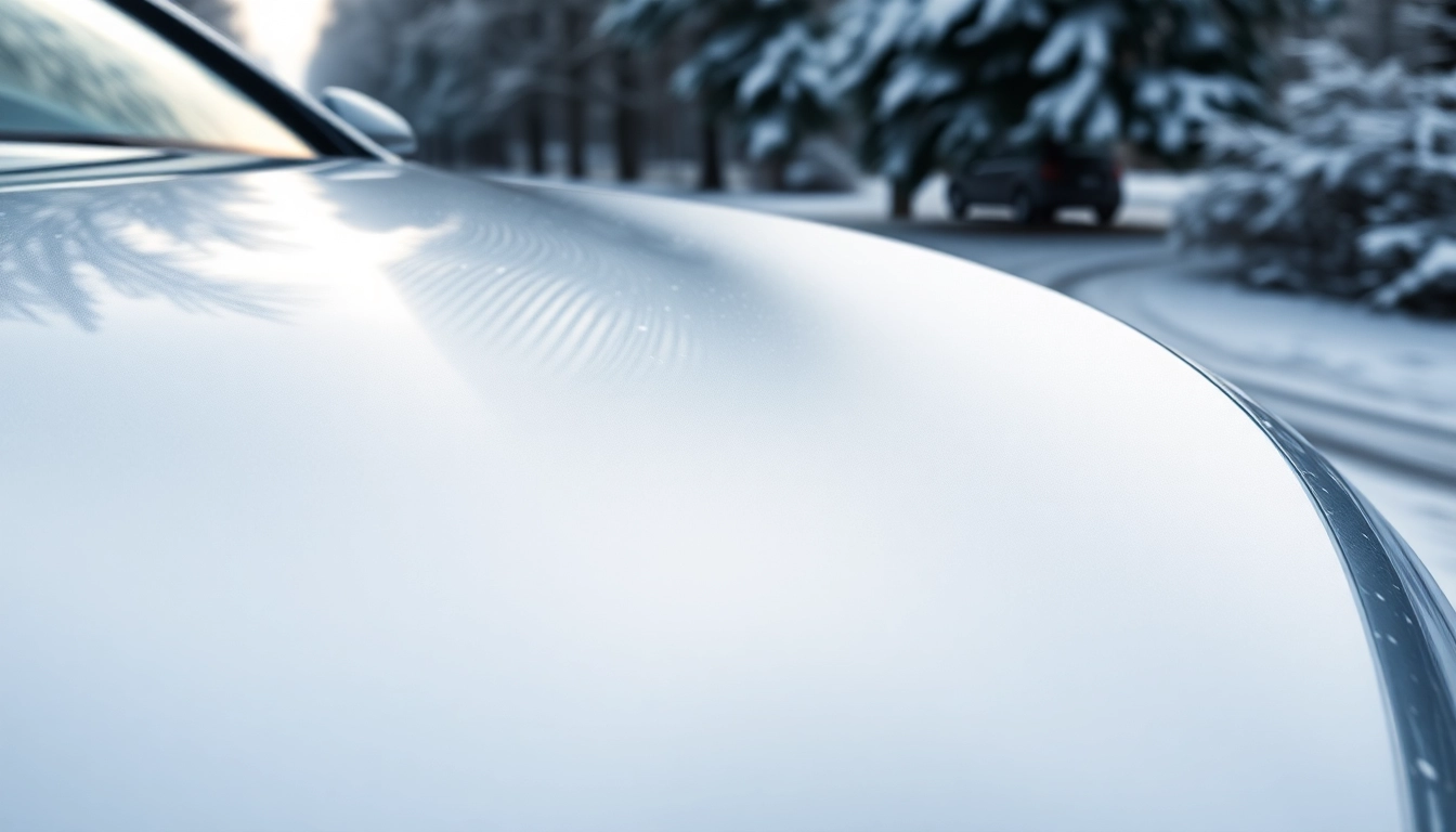 Enhance your vehicle's PPF winter road salt protection with a sleek finish amid a winter landscape.