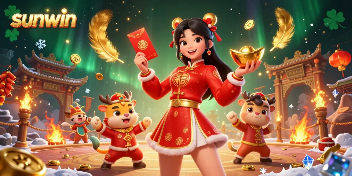 Win big with sunwin at this vibrant casino scene, featuring an Asian woman celebrating Lunar New Year.