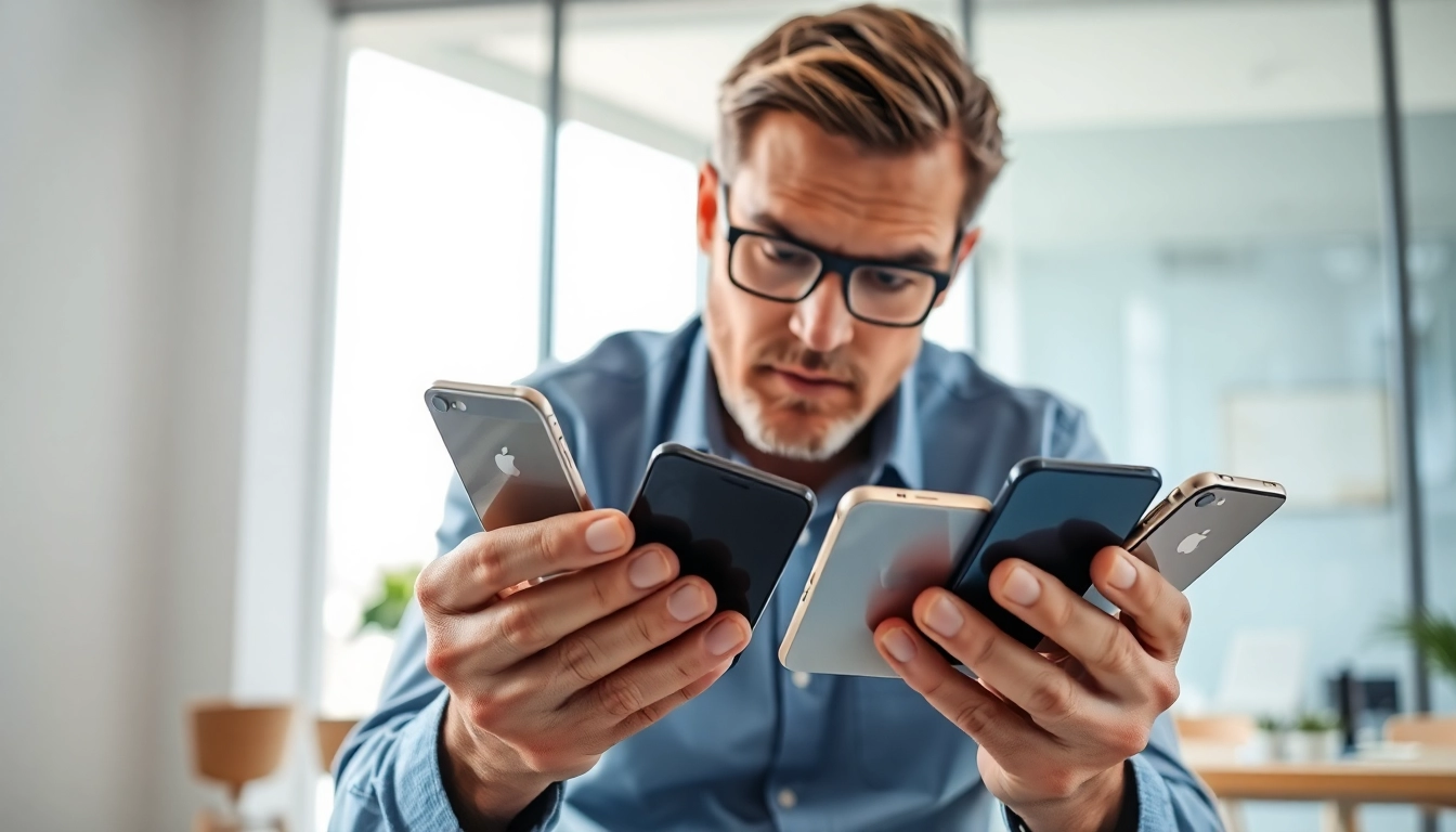 Trade Old Phone For Cash with a professional examining various smartphones in a bright workspace.