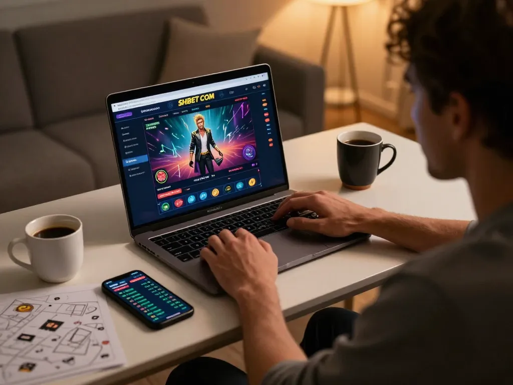 Engaging in online gambling on SHBET COM with strategy notes and smartphone alongside laptop.