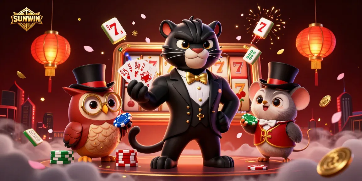 SUNWIN casino illustration featuring a stylish tuxedo panther dealing joyful cards with vibrant game elements.