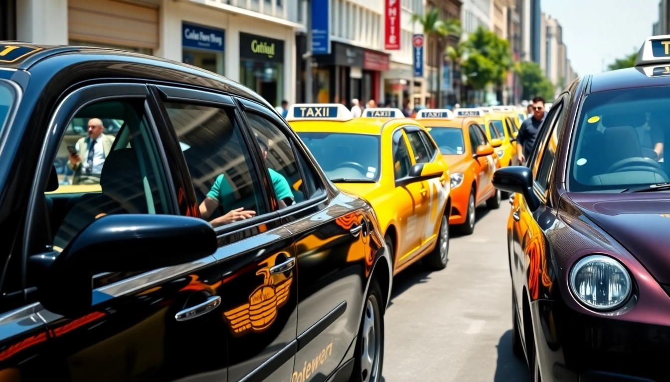 Cabs navigating a vibrant urban street, showcasing diverse designs and colors.