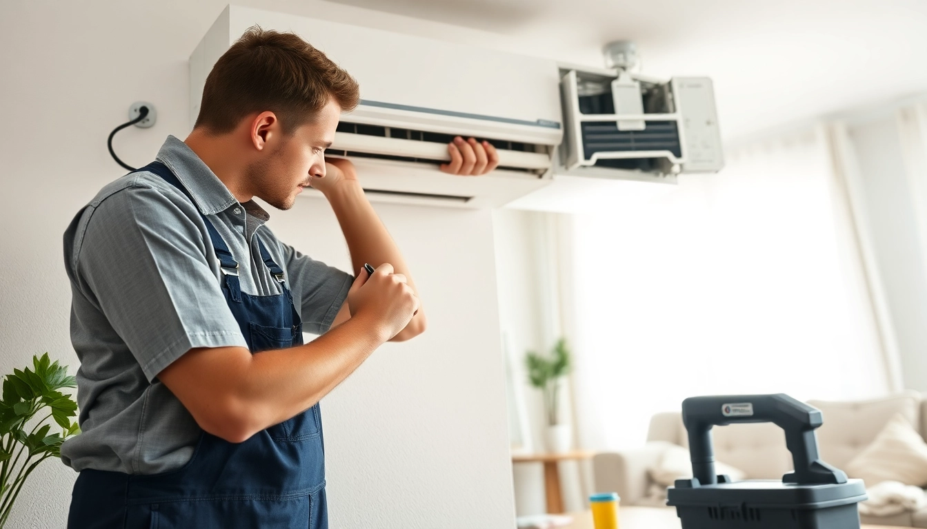 AC Repair Tampa technician performing repairs in a bright living room.