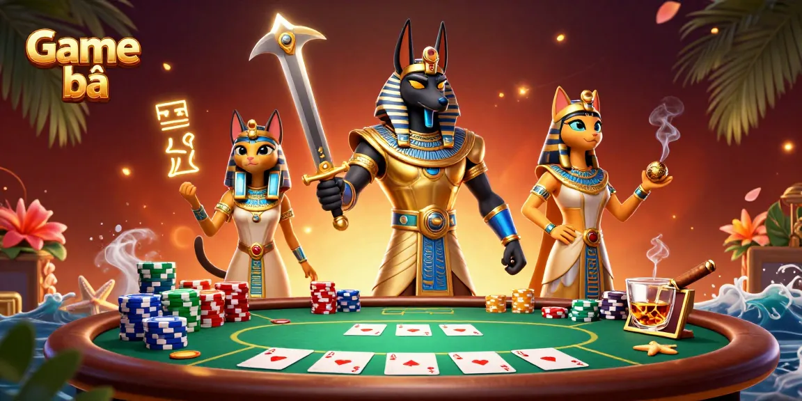 Engage in Game bài strategy with Anubis and Bastet at a lively poker table.