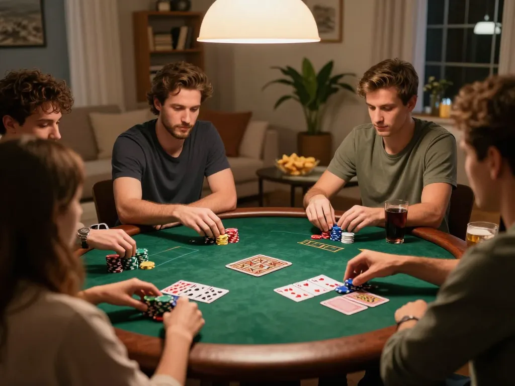 Engaged friends playing poker with ty le keo visibly displayed on cards and chips in cozy home environment.