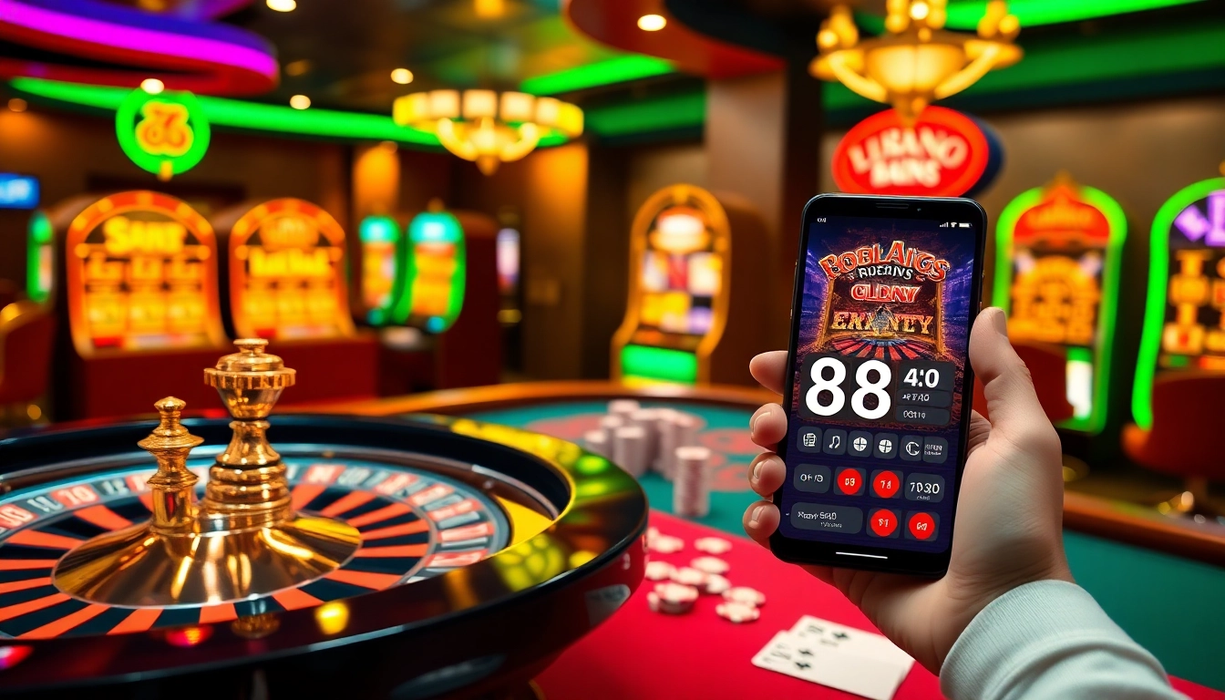 Experience the excitement of 88aa with a vibrant casino scene featuring poker tables and roulette wheels.