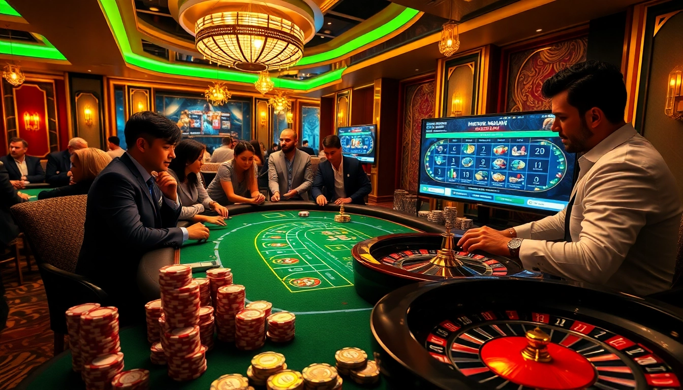 High-stakes casino scene featuring immersive gameplay at https://fun88.supply/ with poker chips, roulette wheel, and engaged players.