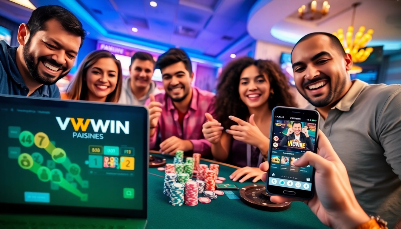 Exciting gaming atmosphere showcasing VVVWIN88.live on a laptop and mobile app.