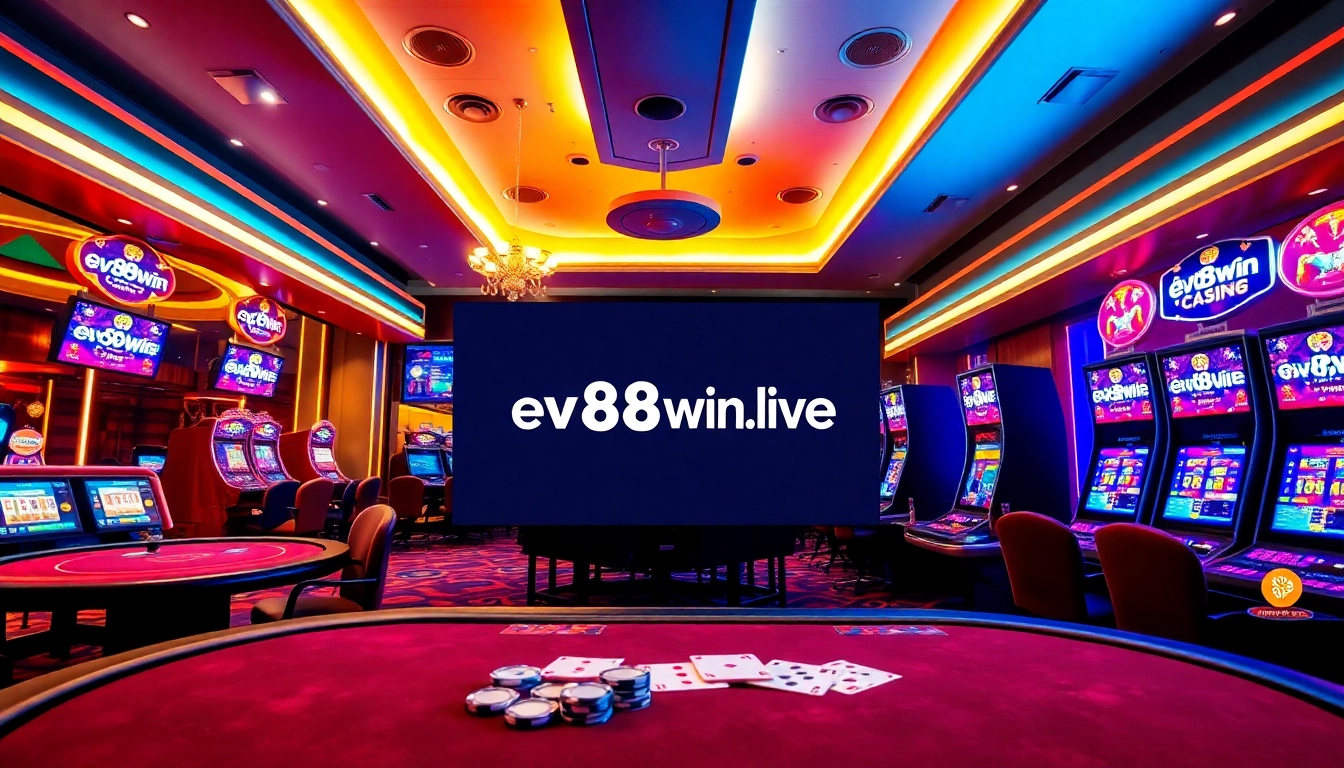 Exciting casino atmosphere featuring ev88win.live logo with vibrant colors and interactive gaming elements.
